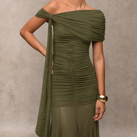 Army Green Elegant Women's Ruched Asymmetric Dress - Picture 6 of 8